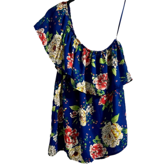Lily White Women’s Blue Floral One Shoulder Blouse- Size Medium - Picture 2 of 5